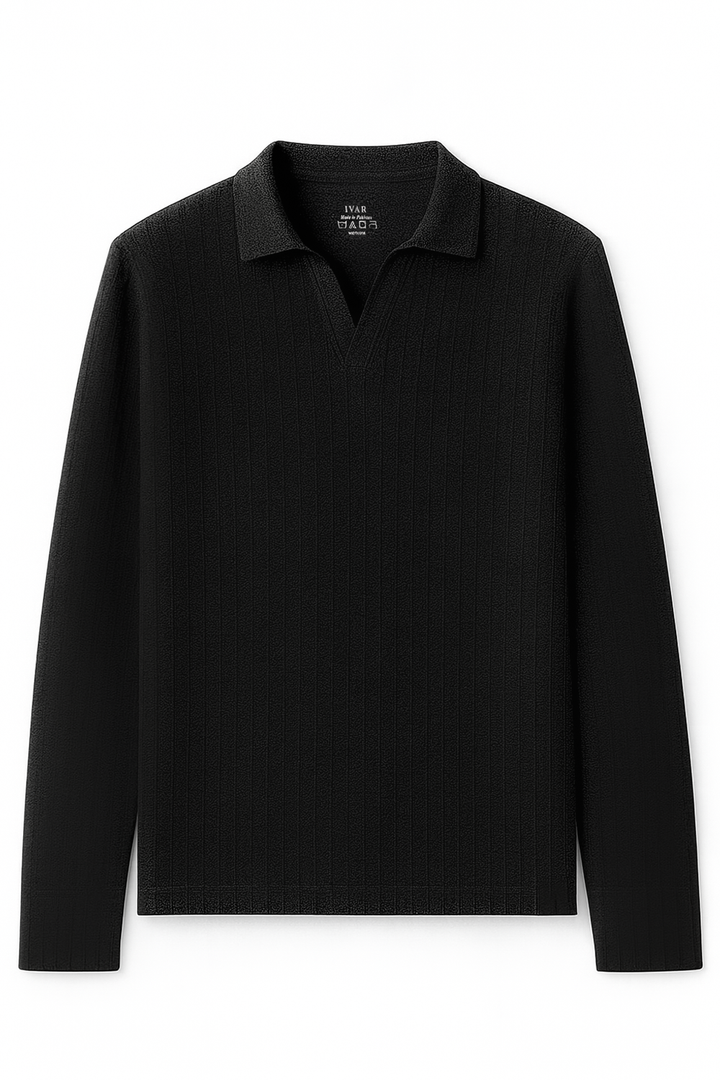 IVAR® Black Drop Needle Full Sleeve Johnny Collar Polo