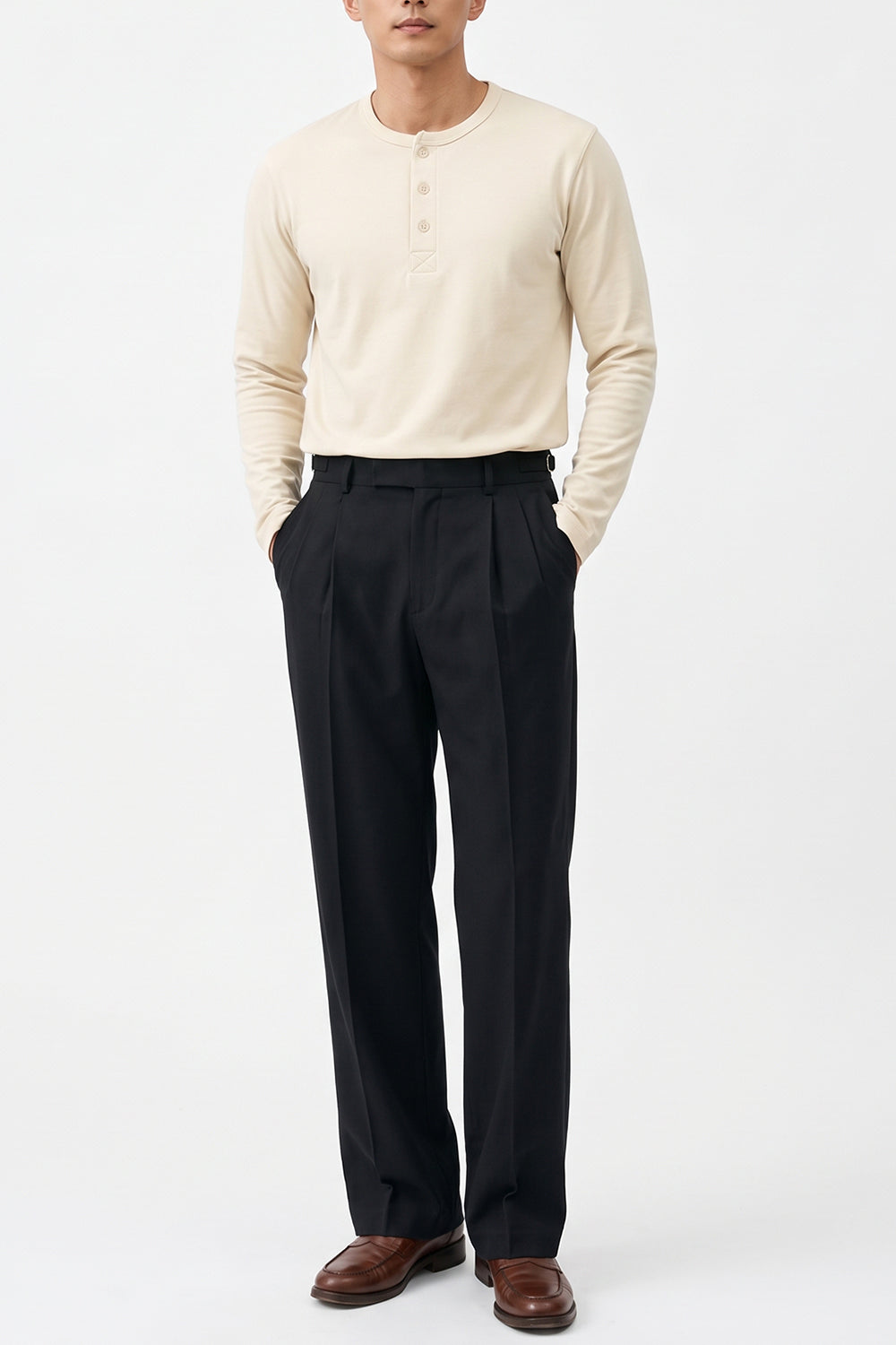 IVAR Airloop Beige Full Sleeve Henley - Model Wearing - IVAR Clothing