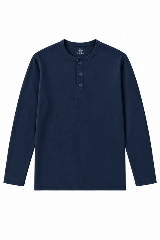 IVAR Airloop Navy Full Sleeve Henley - Front View - IVAR Clothing