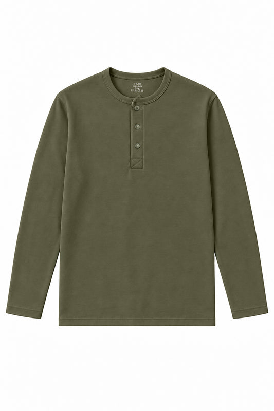 IVAR Airloop Olive Full Sleeve Henley - Front View - IVAR Clothing