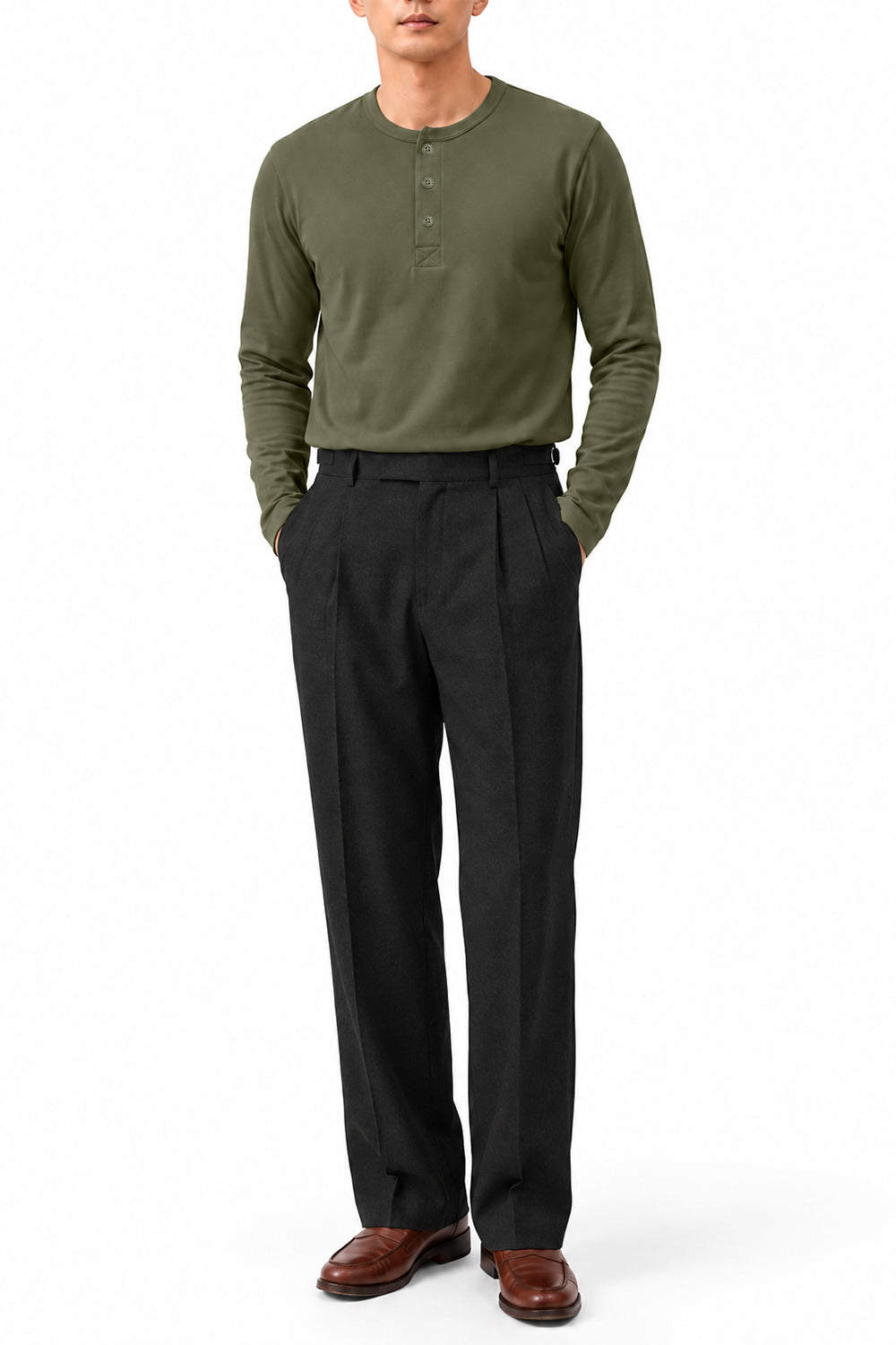 IVAR Airloop Olive Full Sleeve Henley - Model Wearing - IVAR Clothing