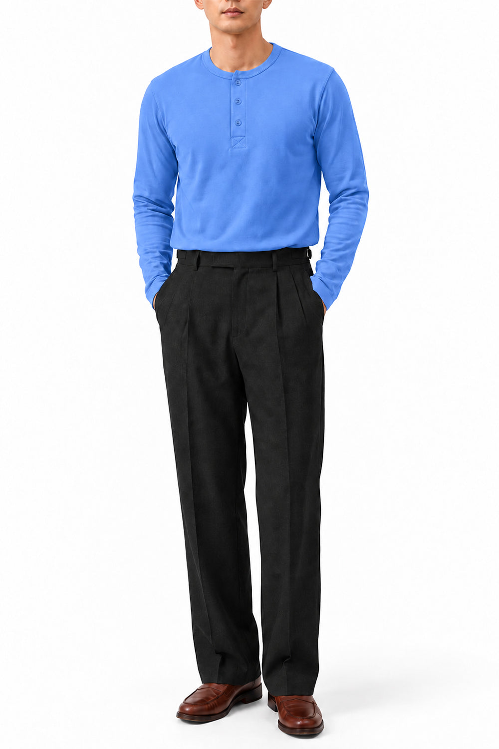 IVAR Airloop Pastel Blue Full Sleeve Henley - Model Wearing - IVAR Clothing