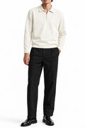 Man wearing the Airloop White Zipper Polo with black trousers, front view