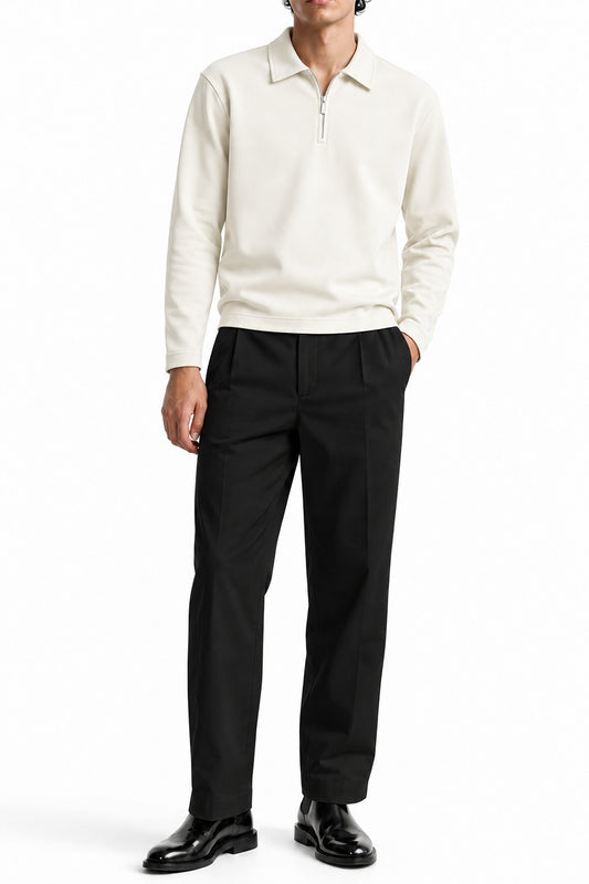 Man wearing the Airloop White Zipper Polo with black trousers, front view