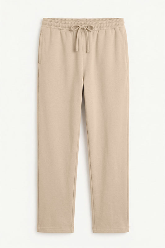 Flat-lay of beige tapered fit Pants with elastic drawstring waistband
