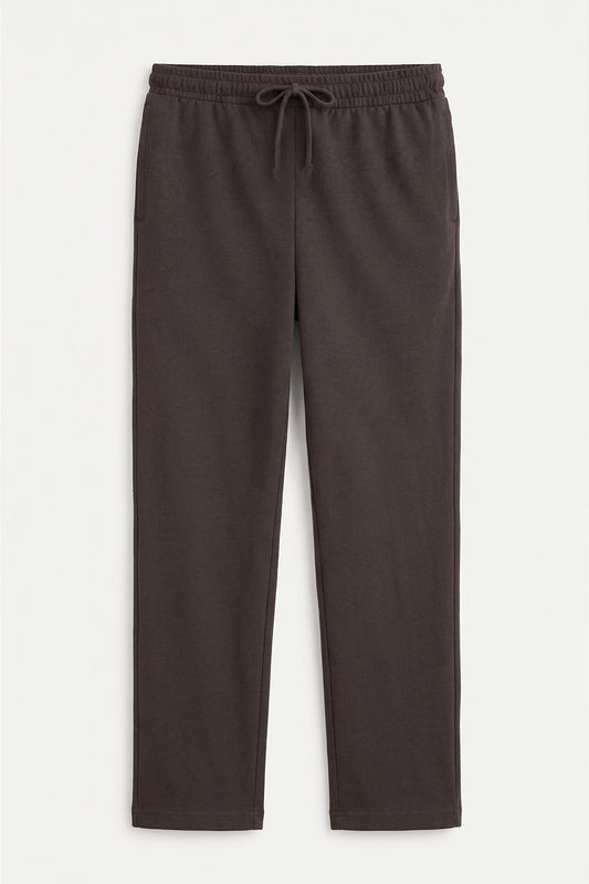 Flat-lay of dark brown tapered fit Pants with elastic drawstring waistband
