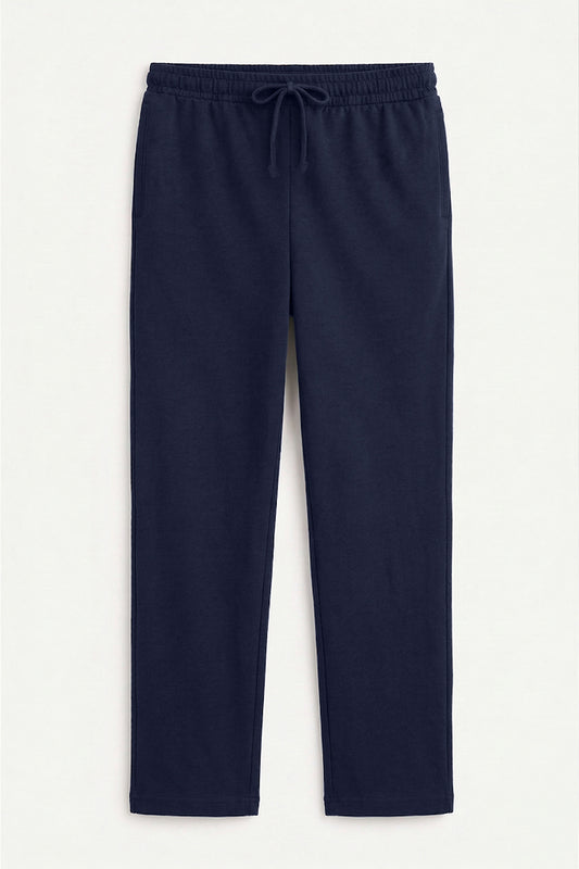 Flat-lay of navy tapered fit Pants with elastic drawstring waistband
