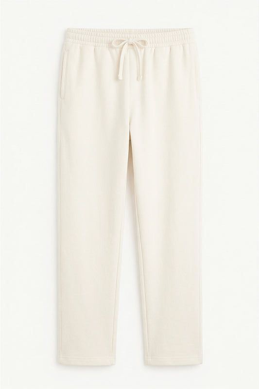 Flat-lay of off-white tapered fit Pants with elastic drawstring waistband
