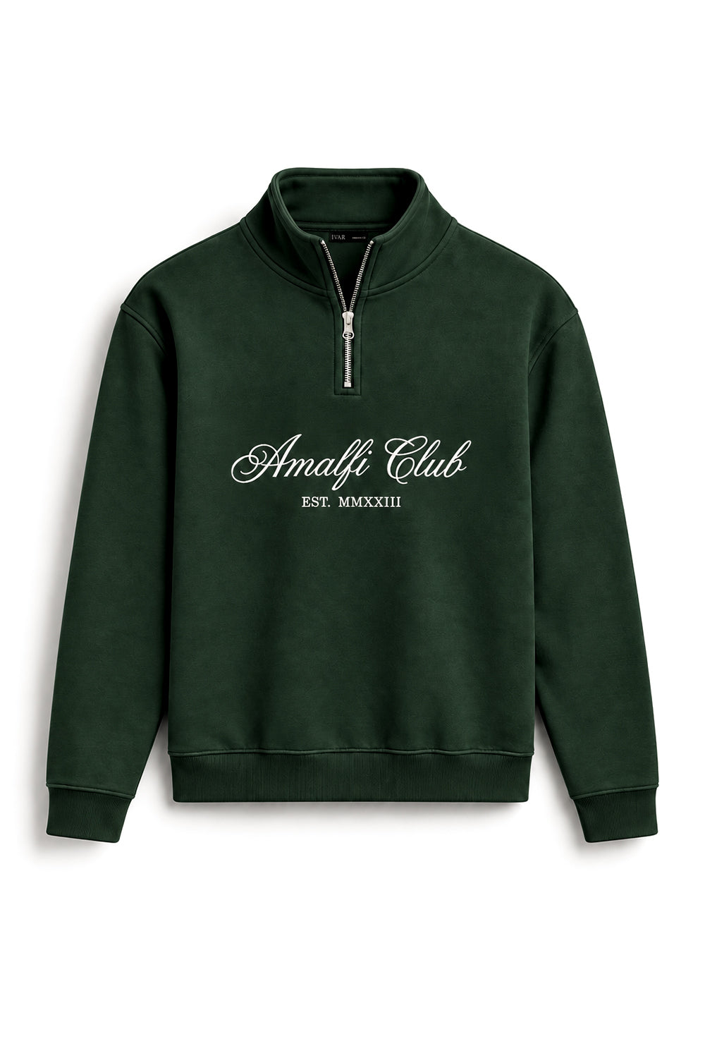 IVAR Deep Forest Amalfi Quarter Zipper with Amalfi Club chest lettering, flat lay front view