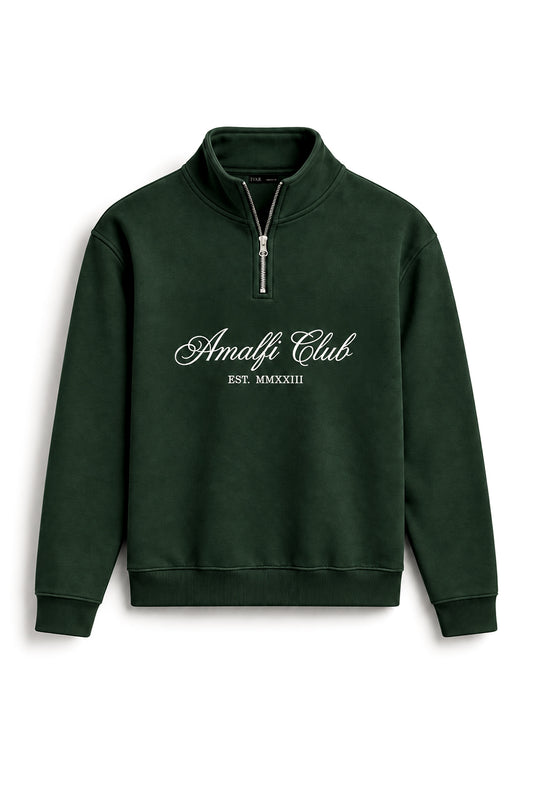 IVAR Deep Forest Amalfi Quarter Zipper with Amalfi Club chest lettering, flat lay front view