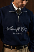 Close-up of Navy Amalfi Quarter Zipper collar, zip, and Amalfi Club lettering