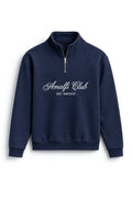 IVAR Navy Amalfi Quarter Zipper with Amalfi Club chest lettering, flat lay front view