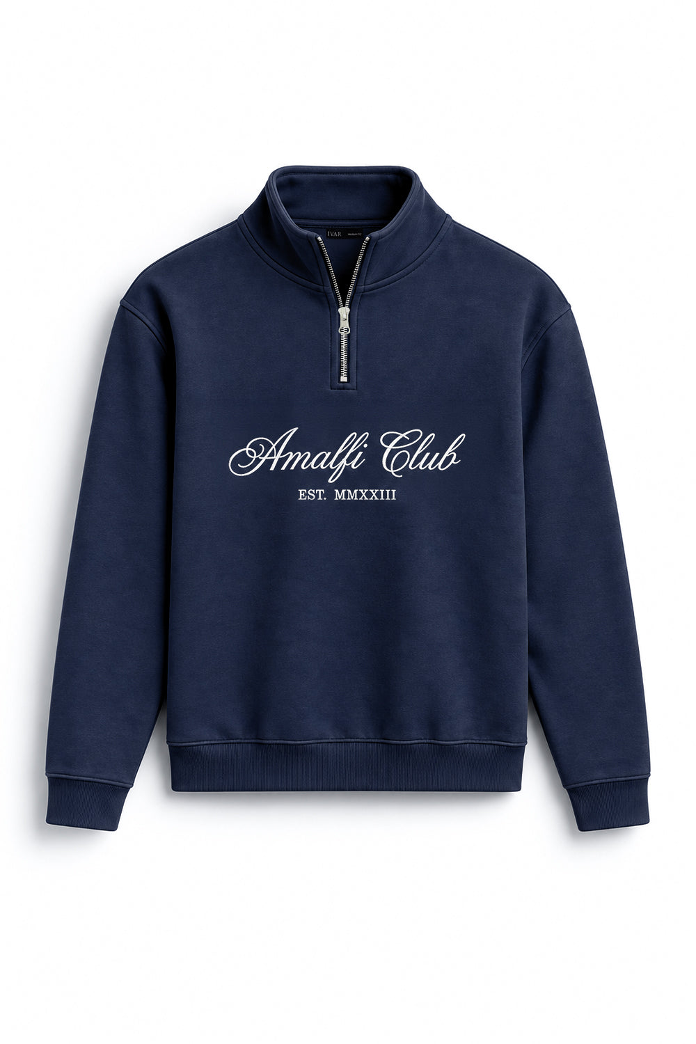 IVAR Navy Amalfi Quarter Zipper with Amalfi Club chest lettering, flat lay front view
