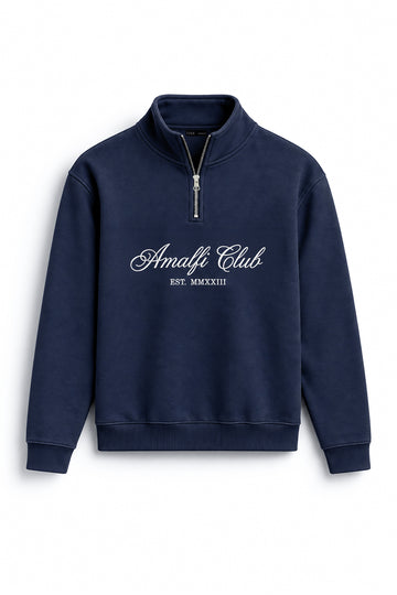 IVAR Navy Amalfi Quarter Zipper with Amalfi Club chest lettering, flat lay front view