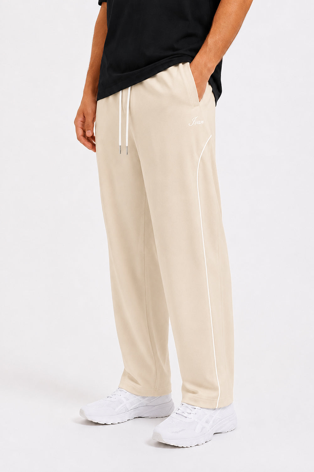 IVAR Beige Arc Track Pants - Styled Outfit View - IVAR Clothing
