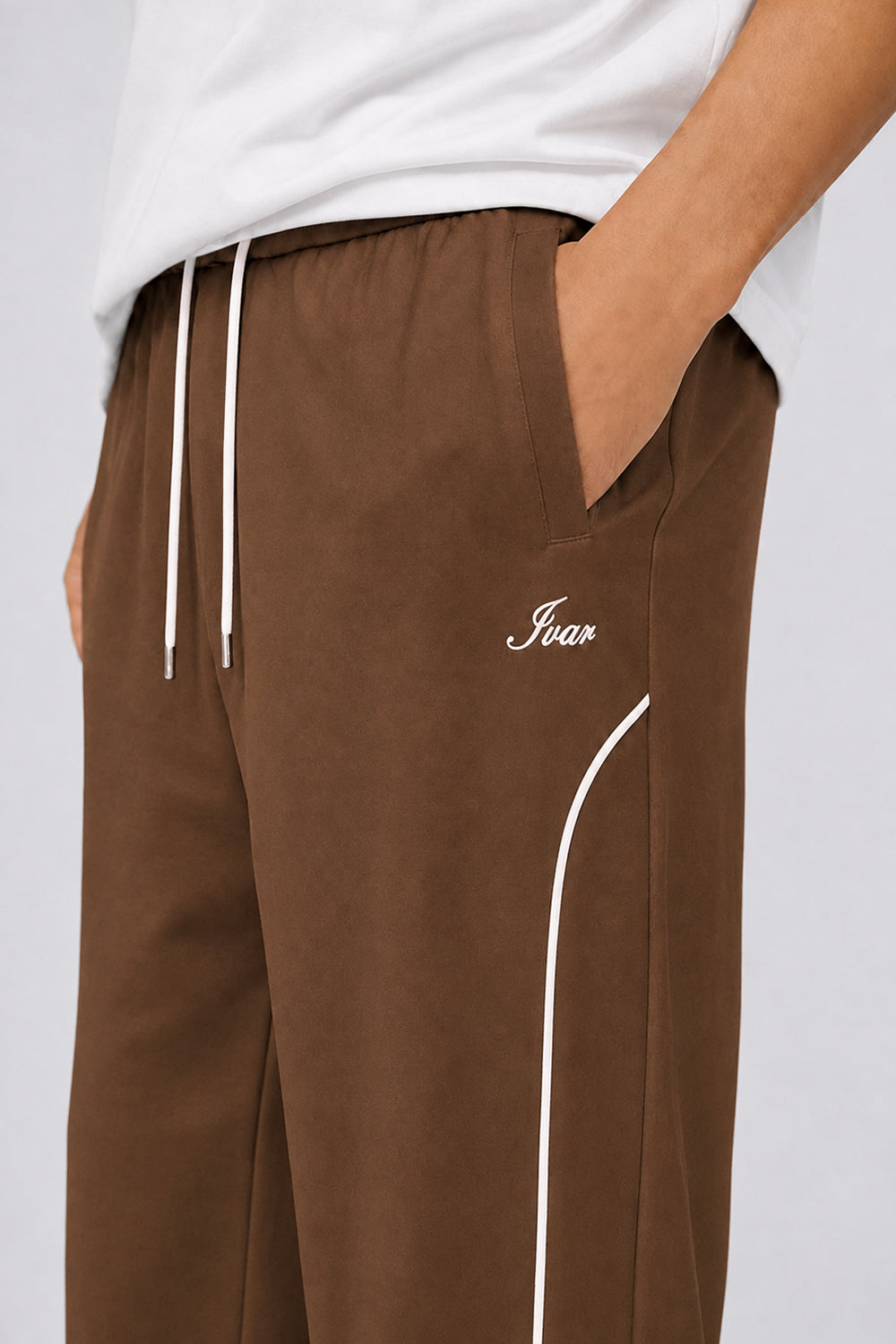 IVAR Brown Arc Track Pants - Close-Up Piping Detail - IVAR Clothing