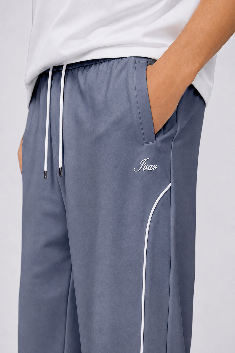 IVAR Grey Flannel Arc Track Pants - Close-Up Piping Detail - IVAR Clothing
