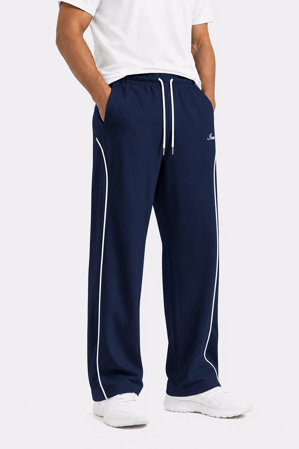 IVAR Navy Arc Track Pants - Full Length Model View - IVAR Clothing