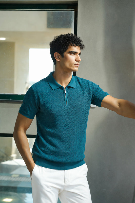 IVAR® Teal Chevron Flat Knit Polo