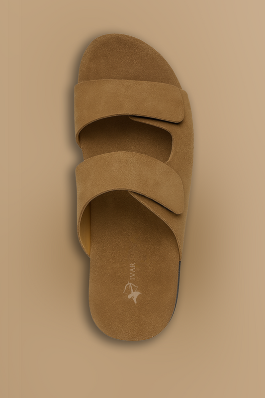 IVAR Tan Brown Suede Slides – men's tan brown suede leather slides