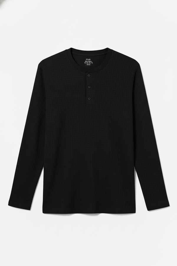 IVAR® Black Waffle Knit Full Sleeve Henley