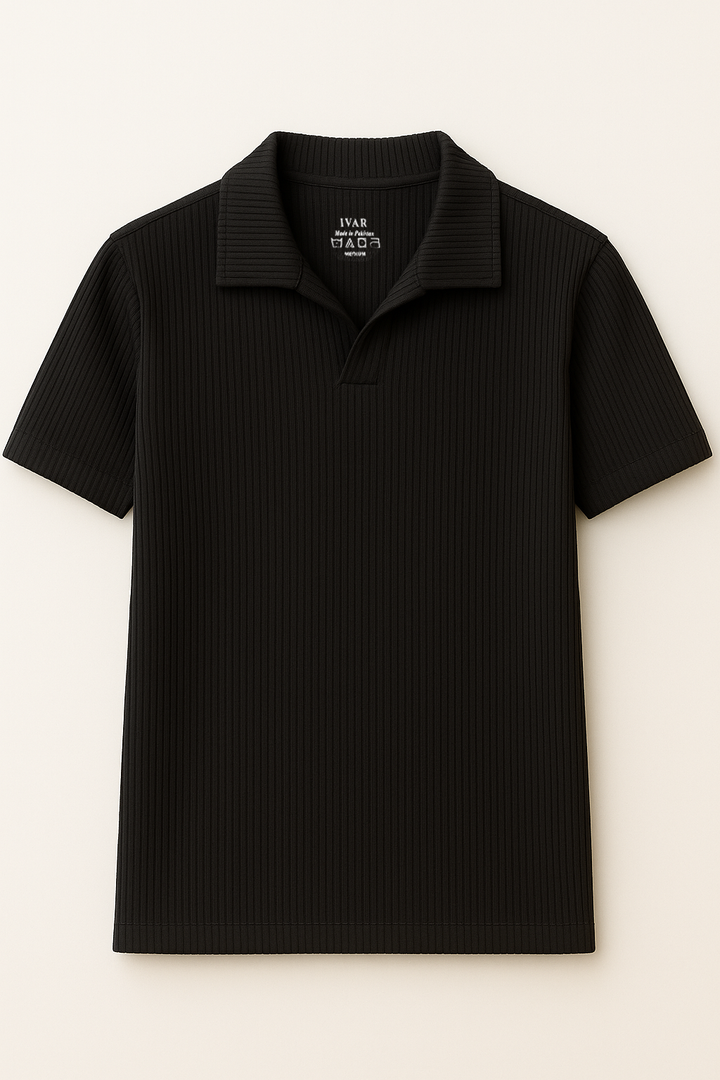 IVAR® Black Ribbed Johnny Collar Polo
