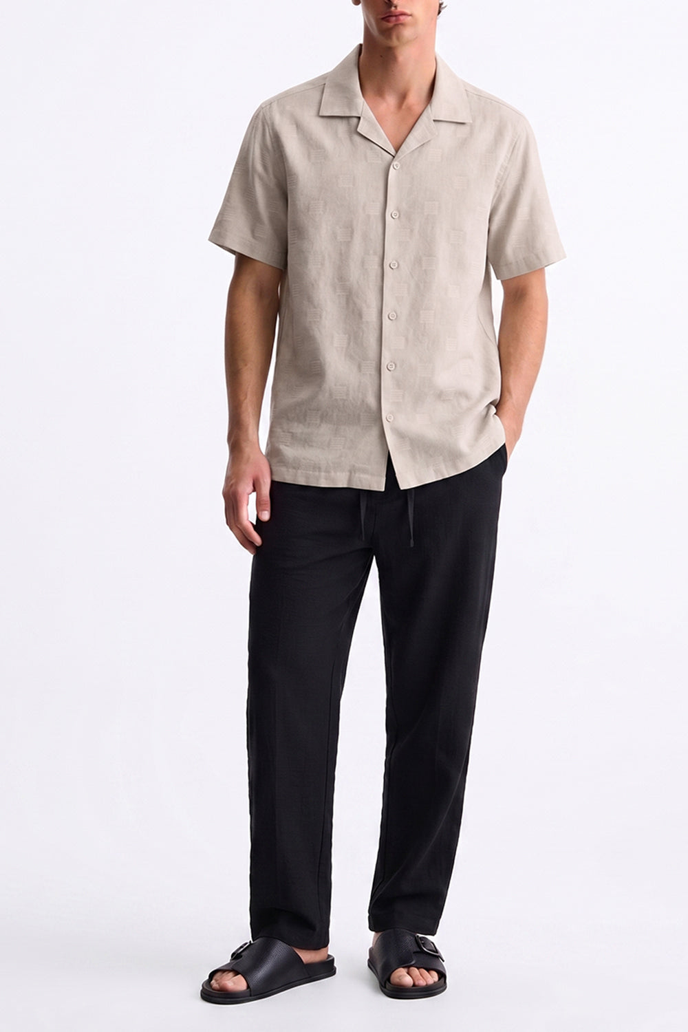 IVAR Beige Bartack Cuban Collar Shirt - Model Wearing - IVAR Clothing