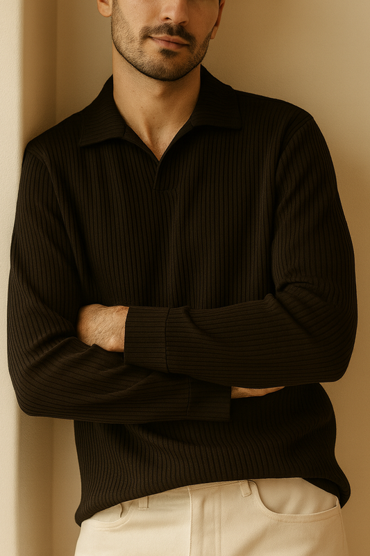 IVAR® Black Ribbed Full Sleeve Johnny Collar Polo