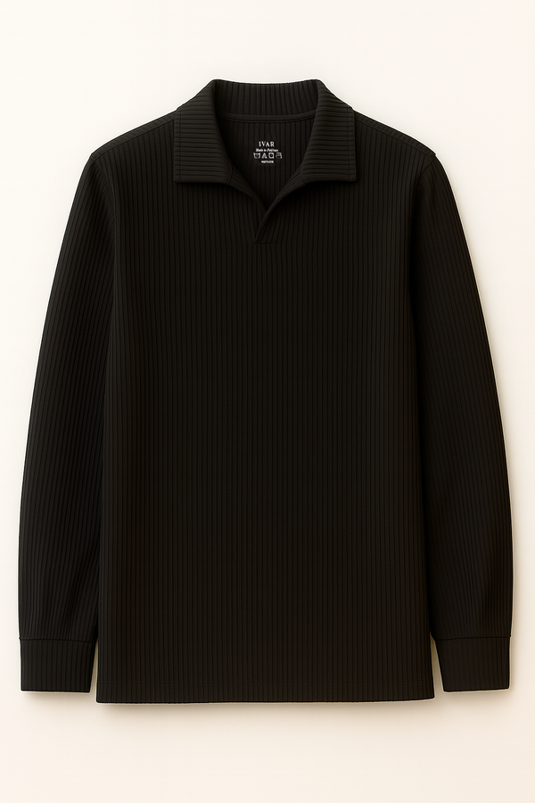 IVAR® Black Ribbed Full Sleeve Johnny Collar Polo