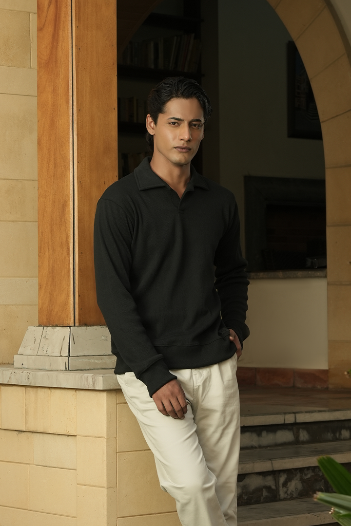 IVAR® Black Johnny Collar Ribline Polo