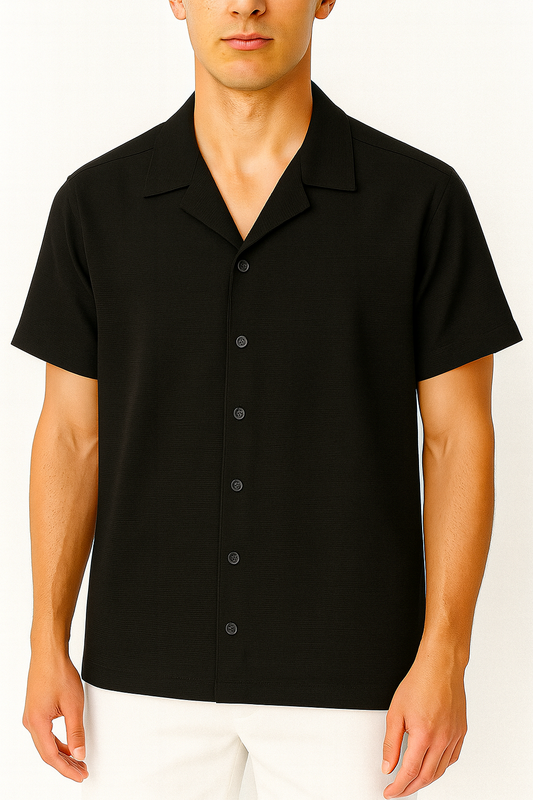IVAR® Black Jacquard Cuban Collar Shirt