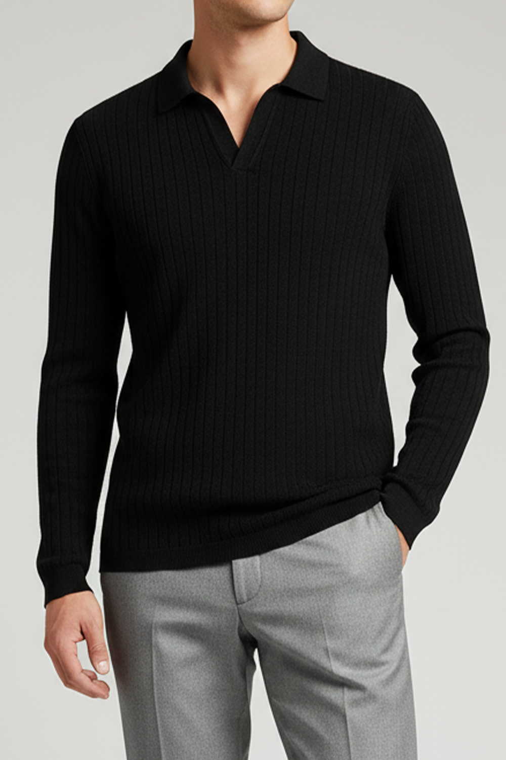 IVAR® Black Drop Needle Full Sleeve Johnny Collar Polo