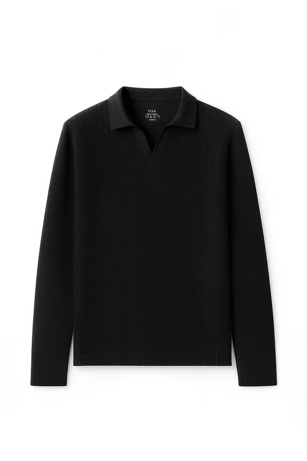 IVAR® Black Drop Needle Full Sleeve Johnny Collar Polo