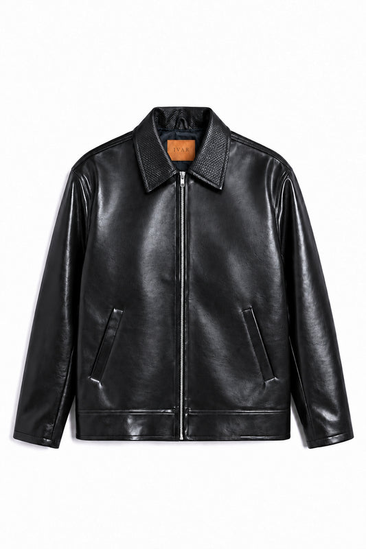 IVAR Black Braided Maverick Leather Jacket, flat lay front view