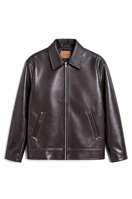 IVAR Brown Braided Maverick Leather Jacket, flat lay front view