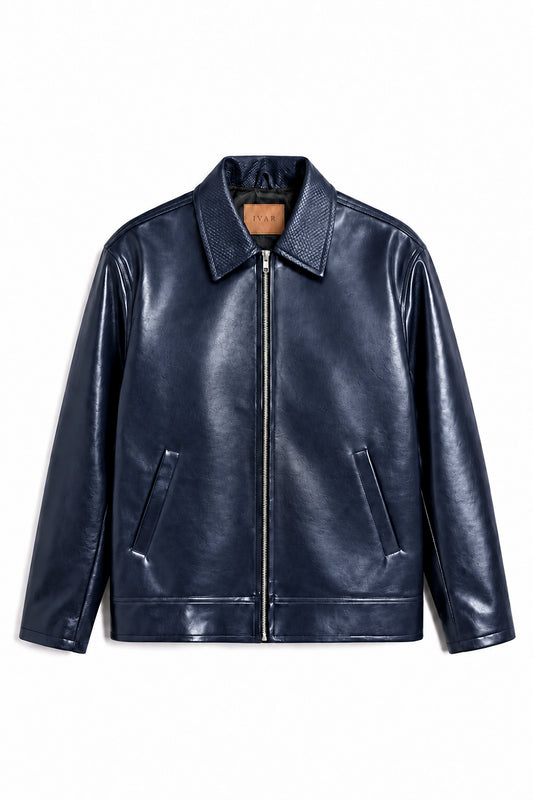 IVAR Navy Braided Maverick Leather Jacket, flat lay front view