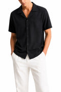 Men's Black Cuban Collar Shirt – Full Length Front Styled with White Trousers