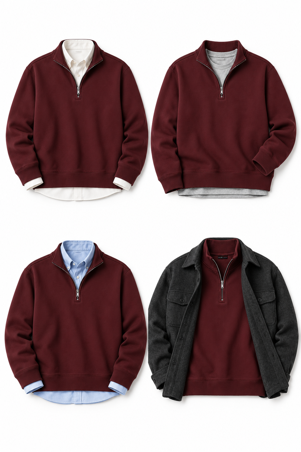 Maroon Merino Style Flat Knit Quarter Zipper styling options with shirts and layers