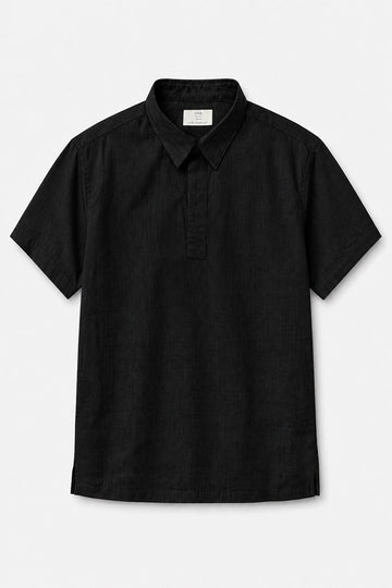 IVAR Black Buttonless Linen Polo - Front Flat Lay - IVAR Clothing