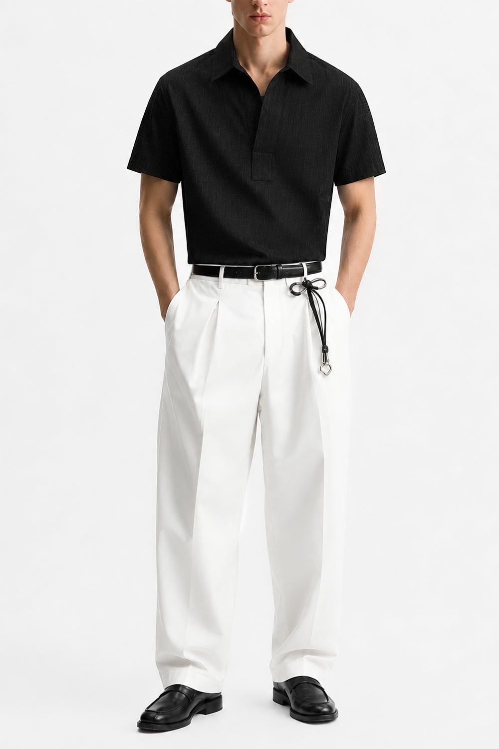 IVAR Black Buttonless Linen Polo - Model Wearing, Front View - IVAR Clothing