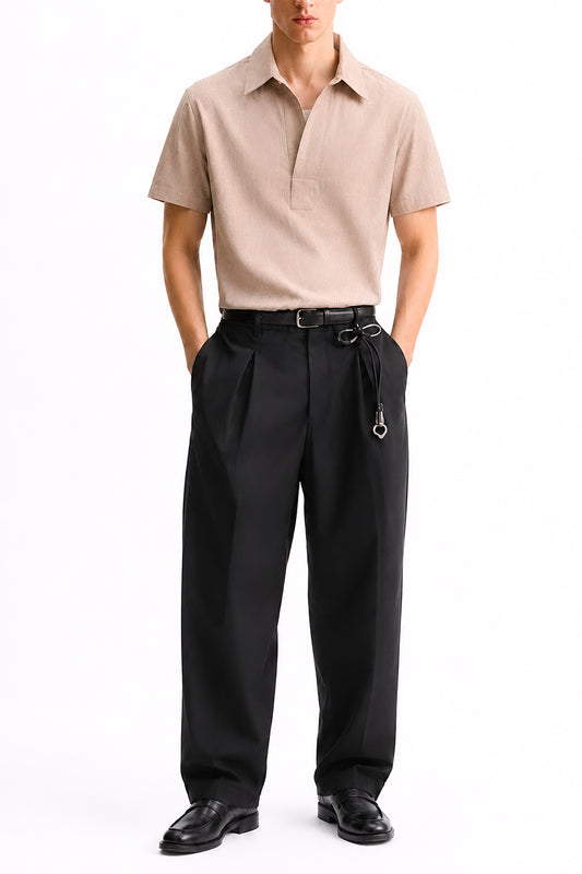 IVAR Peach Buttonless Linen Polo - Model Wearing, Front View - IVAR Clothing