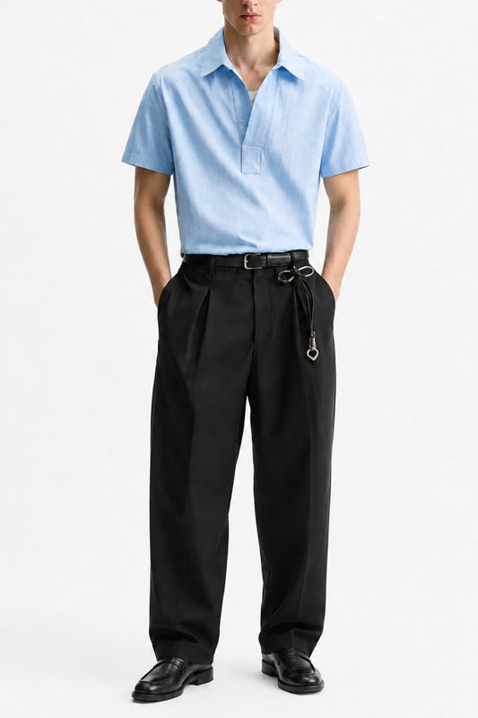 IVAR Sky Buttonless Linen Polo - Model Wearing, Front View - IVAR Clothing
