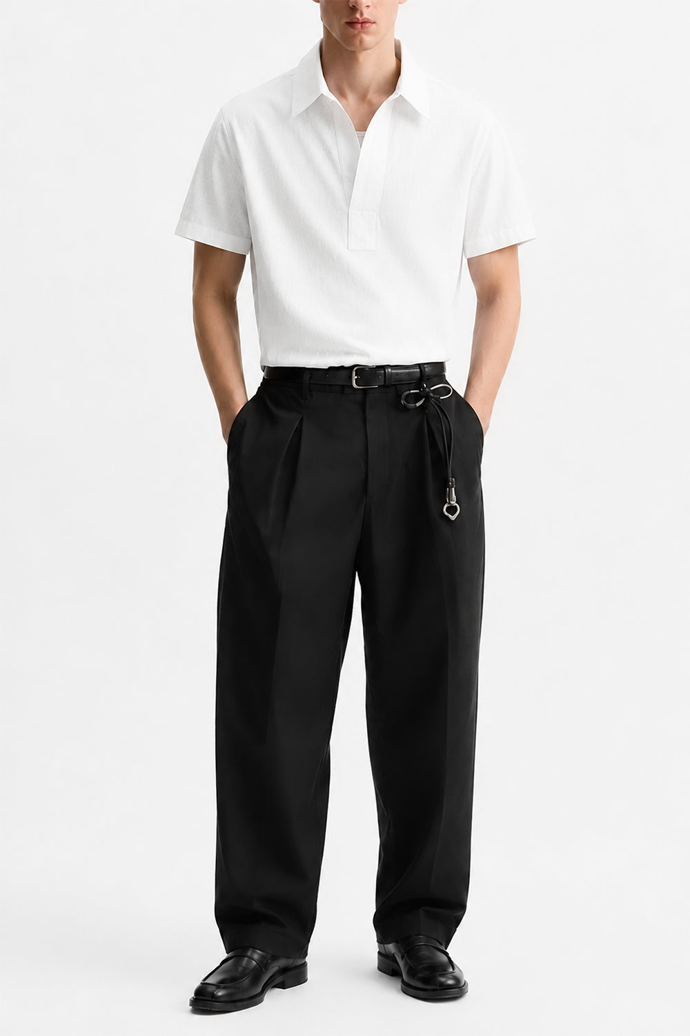 IVAR White Buttonless Linen Polo - Model Wearing, Front View - IVAR Clothing