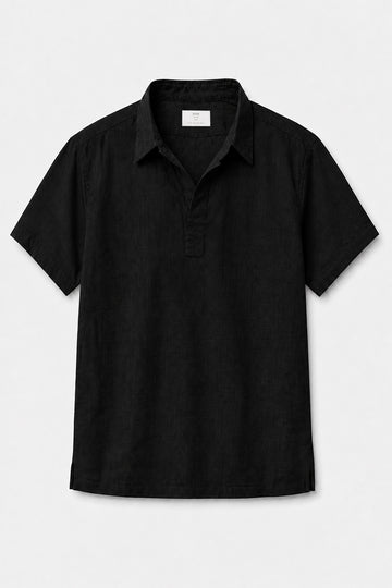IVAR Black Linen Buttonless Polo – men's black buttonless linen polo