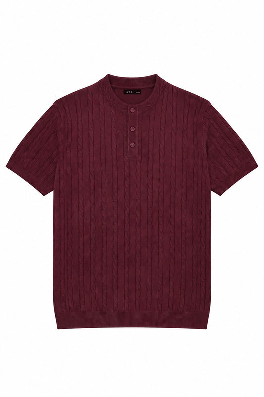 Ivar Maroon Cable Knit Henley - Front View - IVAR Clothing