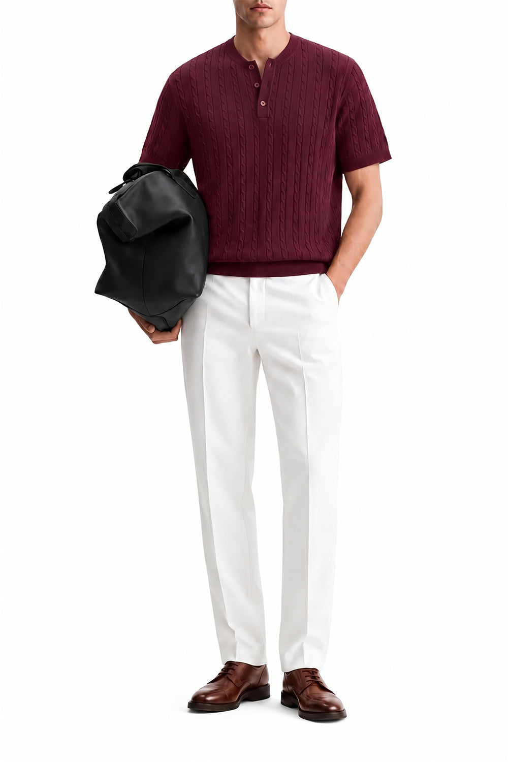 Ivar Maroon Cable Knit Henley - Model Wearing - IVAR Clothing