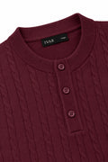 Ivar Maroon Cable Knit Henley - Close-Up Placket Detail - IVAR Clothing