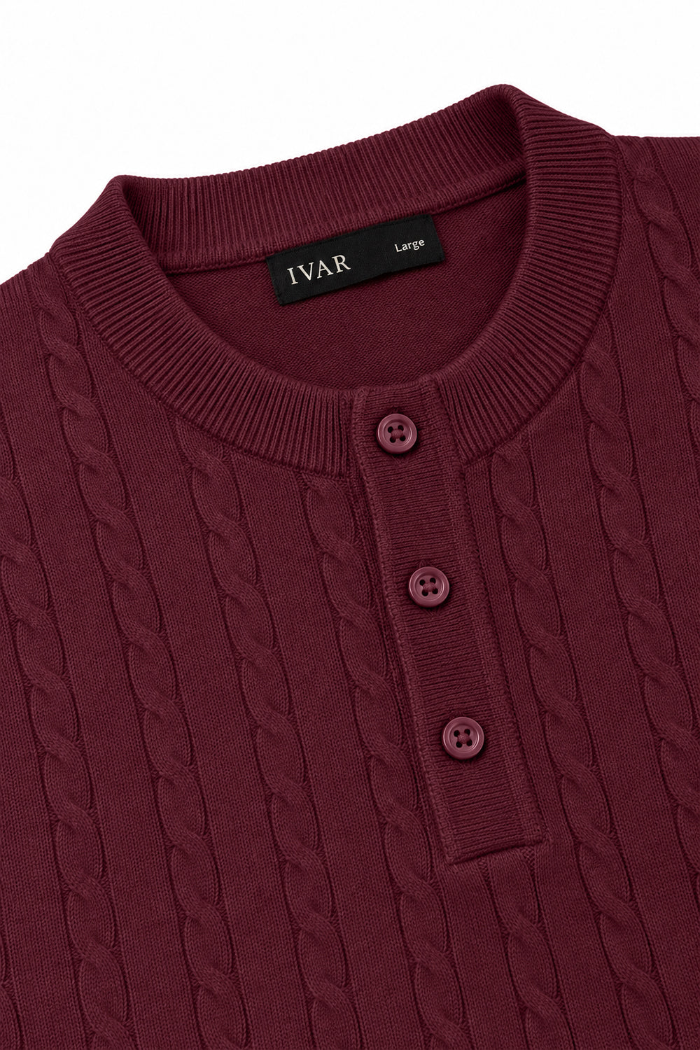 Ivar Maroon Cable Knit Henley - Close-Up Placket Detail - IVAR Clothing