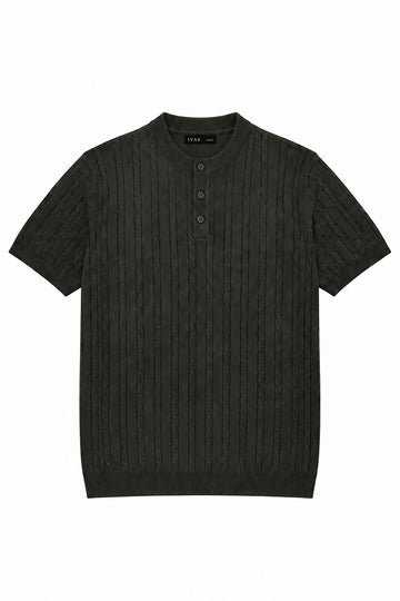 Ivar Olive Cable Knit Henley - Front View - IVAR Clothing