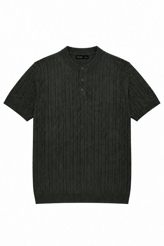 Ivar Olive Cable Knit Henley - Front View - IVAR Clothing